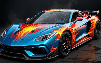 Custom painted sports car with flame design